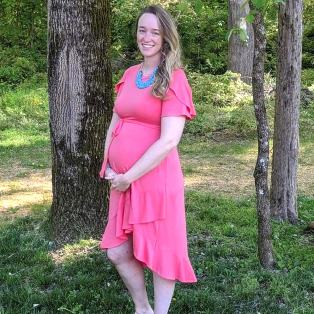 PinkBlush Coral Ruffle Trim Hi-Low Wrap Maternity Dress